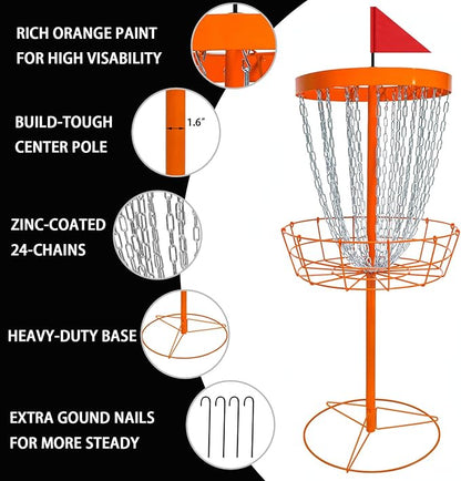 Disc Golf Basket with Discs | Portable Disc Golf Target with Heavy Duty 24-Chains Disc Golf Course