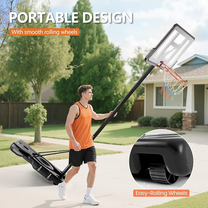 Sweetcrispy Portable Basketball Hoop Outdoor 6.1-10FT Adjustable Height, 44 Inch Shatterproof