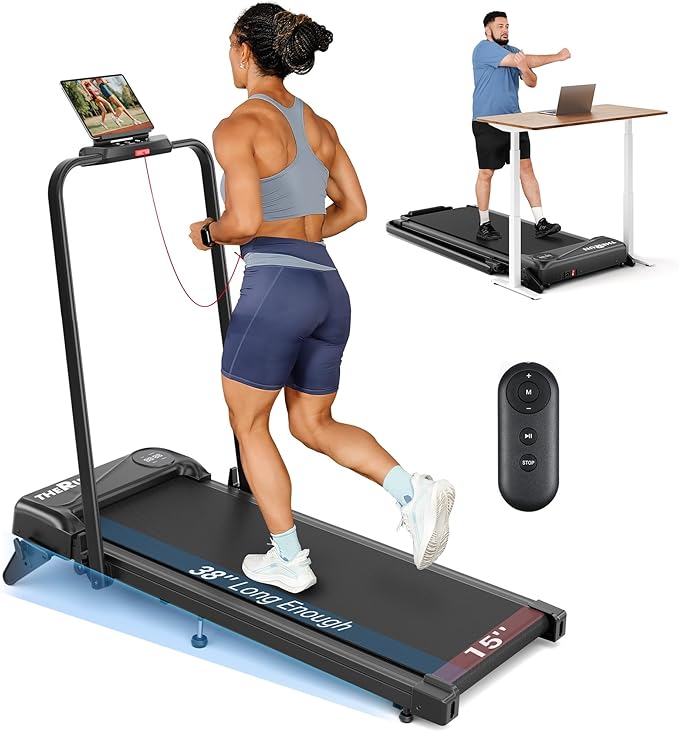 THERUN Walking Pad, 2 in 1 Foldable Treadmills for Home, 2.5HP Under Desk with Handle Bar, 16"