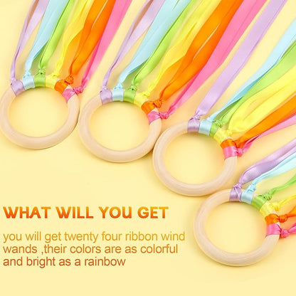 Junkin Ribbon Rings Hand Kite Waldorf Toys Dancing Wrist Ribbons Rainbow Streamers with Wood Ring