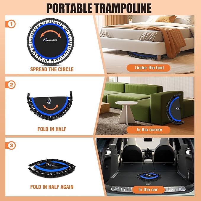 ANCHEER 40"/48" Foldable Rebounder Trampoline for Adults/Kids with Resistance Bands and Bungees