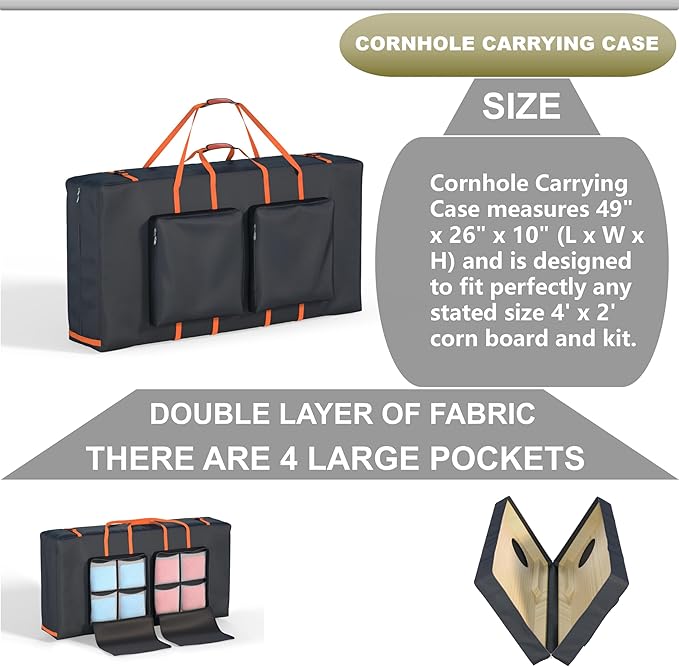 Cornhole Carrying Case Fits 4' x 2' Regulated Size, Heavy Duty 600D Oxford Fabric Waterproof &