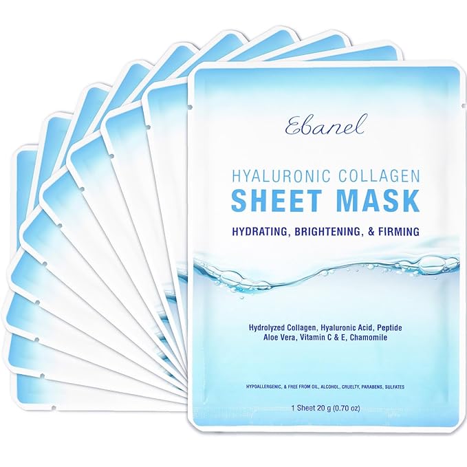 Ebanel 10 Pack Collagen Face Mask with Hyaluronic Acid, Vitamin C, Peptide, Aloe, Instant