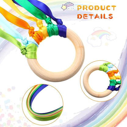 12 Pcs Rainbow Ribbon Wooden Waldorf Toys Creative Waldorf Hand Kite Set Streamers with Wood Ring
