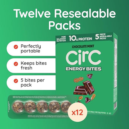 CirC Energy Bites - 12 Pack Mint Chocolate Chip Gluten Free Protein Balls - 10g Protein, Whole