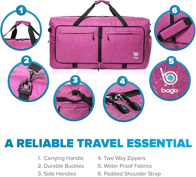 Bago Large Foldable Duffel Bags for Traveling Women & Men - 80L Packable Duffle Bag for Travel with