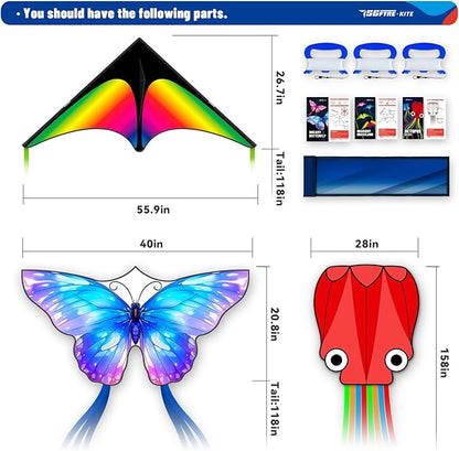 3 Piece Set Butterfly Delta Octopus Kites for Kids and Adults，Easy to Fly for Outdoor Adults