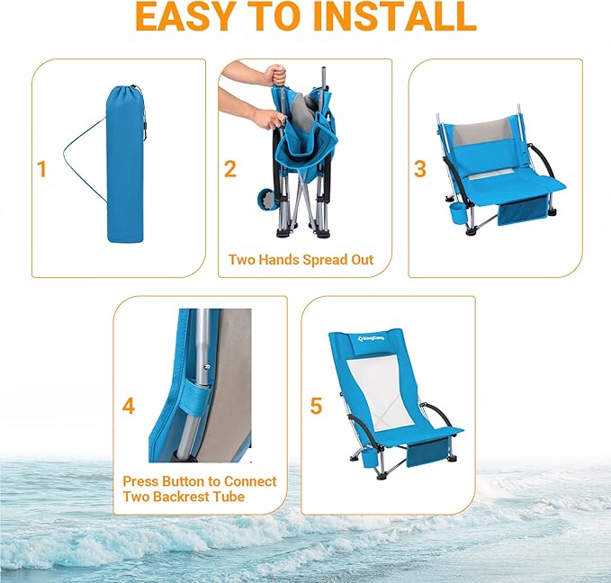 KingCamp Low Beach Chairs, Portable Folding Chair for Adults Extra Wide Ergonomic High Back Seat