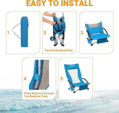 KingCamp Low Beach Chairs, Portable Folding Chair for Adults Extra Wide Ergonomic High Back Seat