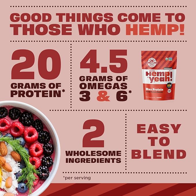 Manitoba Harvest Hemp Yeah Organic Max Protein Powder, Unsweetened, 32oz, with 20g Protein and 4.5g