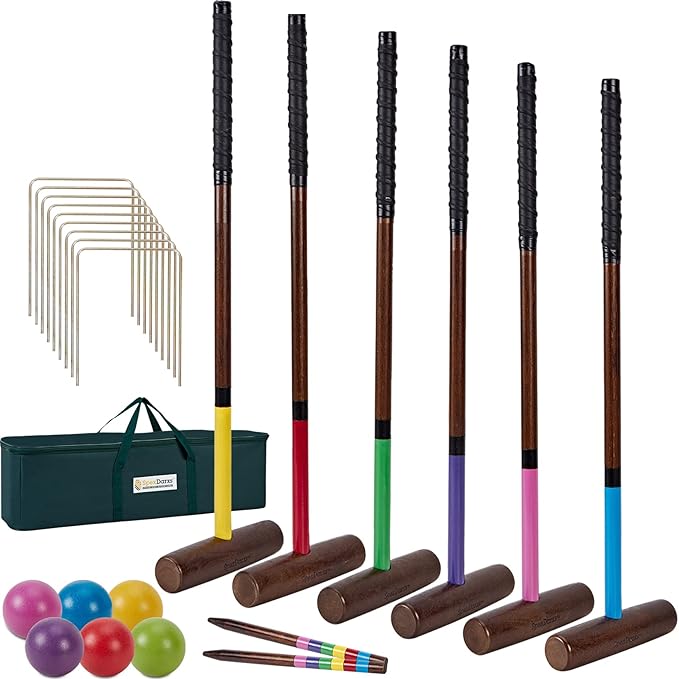 Six Player Croquet Sets, 35’’ Croquette Set with Premium Wooden Mallets/Colored