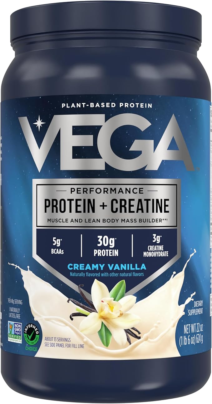 Vega Protein + Creatine - 30g Plant-Based Protein, Vanilla, 13 Servings, 3g Creatine, 5g BCAAs
