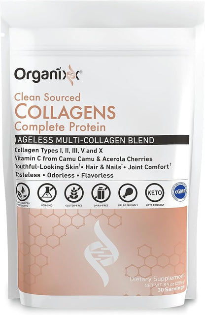 Organixx Collagen Peptides Powder with Vitamin C, Types I, II, III, V, X Hydrolyzed Collagen, Hair