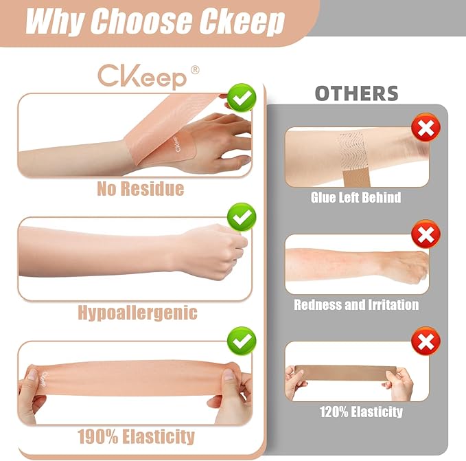 CKeep 4 Rolls Kinesiology Tape, Original Cotton Elastic Athletic Tape, 20 Precut 10" Strips Each