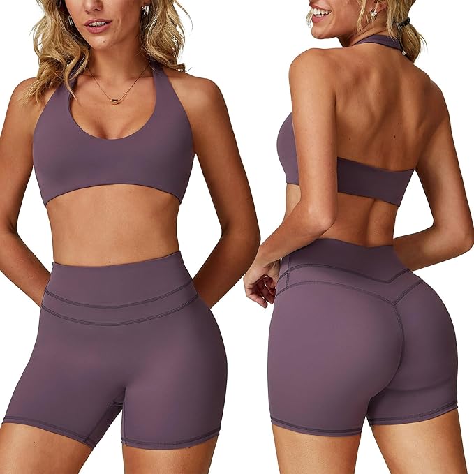 Two piece yoga short set for women with Halter top and gym short Matching workout sets for