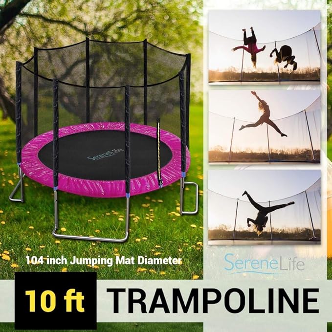SereneLife 10ft Outdoor Trampoline with Safety Net Enclosure - Large Backyard Trampoline for Kids