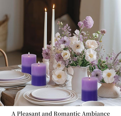 KONNI Purple Layered Pillar Candles Set of 3, 3"x 4" Unscented Pillar Candles Bulk, 39 Hours Long