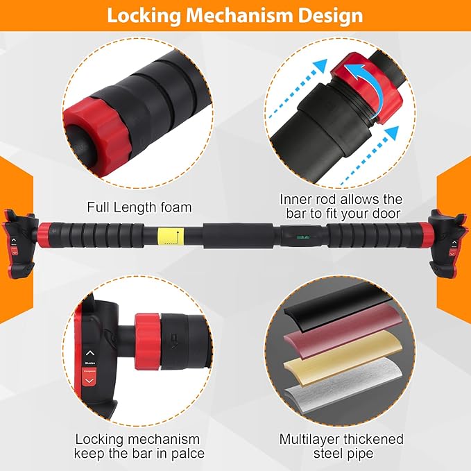 Adjustable Pull Up Bar for Doorway - 440LBS Weight Capacity, No Screws Installation with Level