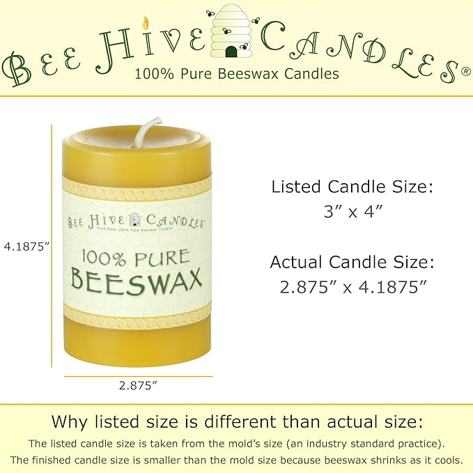 100% Pure Beeswax Pillar Candle (3" x 4") | Natural Beeswax Candles | Soy, Paraffin & Fragrance