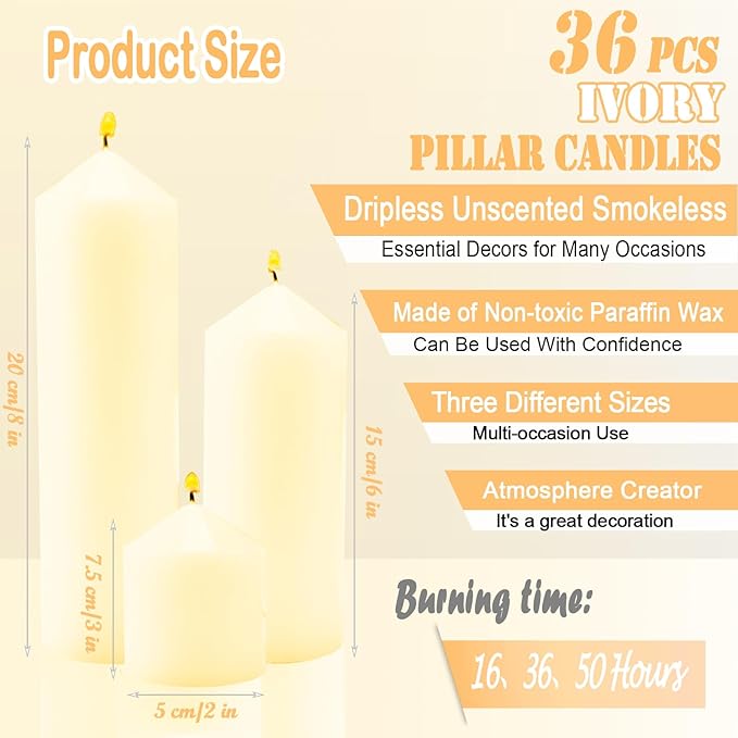 36 Pcs Ivory Pillar Candles Bulk Set，Hurricane Candlesï¼? Different Lengths (12 Each)，Dripless