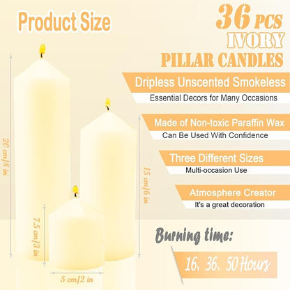 36 Pcs Ivory Pillar Candles Bulk Set，Hurricane Candlesï¼? Different Lengths (12 Each)，Dripless