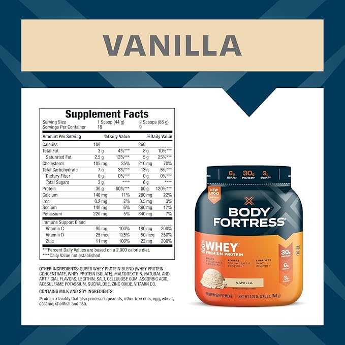 Body Fortress Super Advanced Whey Protein Powder, Vanilla, Immune Support (1), Vitamins C & D Plus