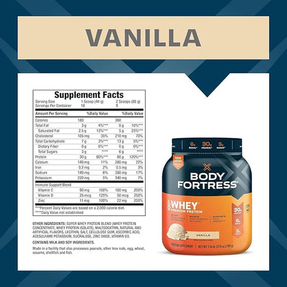 Body Fortress Super Advanced Whey Protein Powder, Vanilla, Immune Support (1), Vitamins C & D Plus