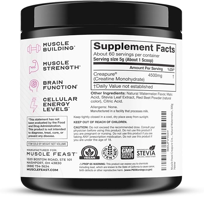 Muscle Feast Creapure Creatine Monohydrate Powder, Vegan Keto Friendly Gluten-Free Easy to Mix