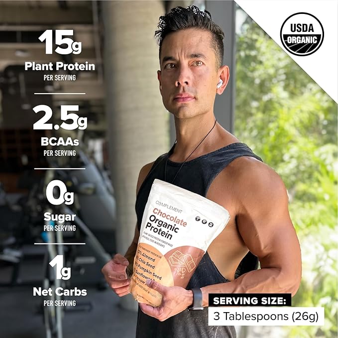 Complement Organic Chocolate Vegan Protein Powder (30 Servings) Low Carb, Low Calorie, Sugar Free