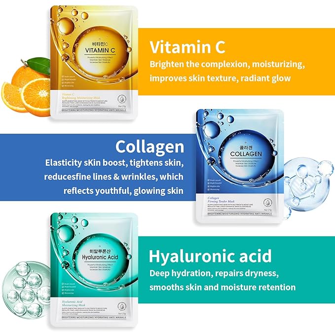 12 Pack Sheet Face Masks Skincare, Collagen Face Mask Hyaluronic Acid Hydrating Face Sheet Masks