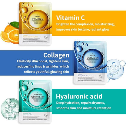 12 Pack Sheet Face Masks Skincare, Collagen Face Mask Hyaluronic Acid Hydrating Face Sheet Masks