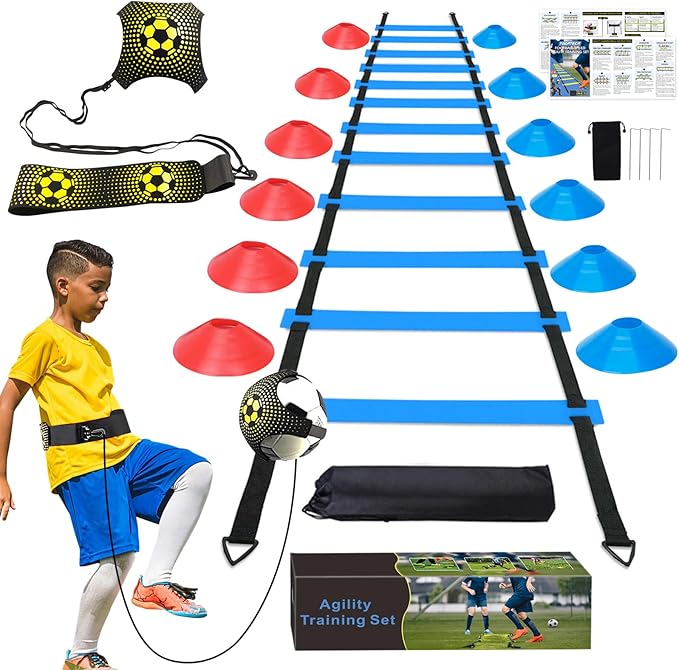 Soccer Speed Agility Training Set - 20FT Agility Ladder 12/16 Sports Cones and Soccer Kick Trainer