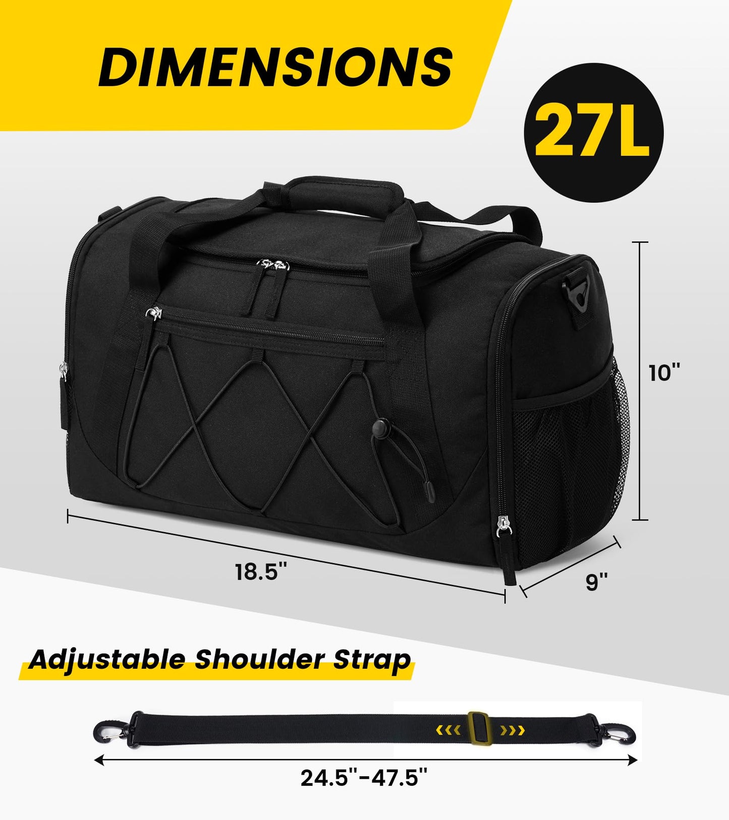 Vorspack 18 Inches Gym Bag for Men Women with Shoe Compartment - Black