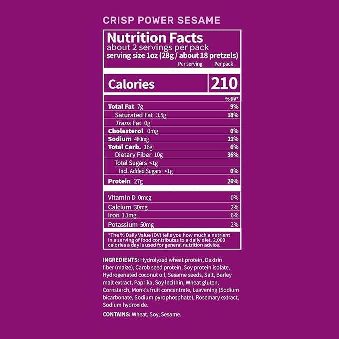 Crisp Power Protein Pretzels, Sesame, High Protein Vegan Keto Snack, 27 G Plant Based Protein, Low