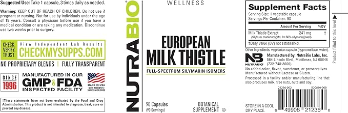 NutraBio European Milk Thistle Supplement, 241mg - Supports Antioxidant Benefits and Wellness, 90