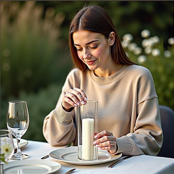 Set of 12 Elegant White Pillar Candles with Clear Ribbed Glass Holders?“Perfect for Weddings