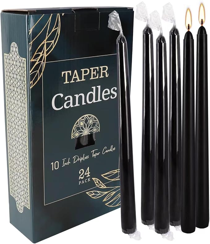 24 Pack Black Taper Candles, 7-8 Hours Burn Time, Unscented, Smokeless and Dripless, 0.75 x 10 Inch