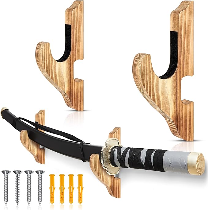 Chunful 2 Pcs Sword Wall Mount Sword Holder Katana Stand 1 Tier Hanger Adjustable Wooden Mounts for