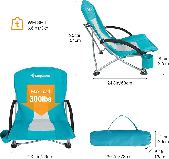 KingCamp Low Beach Chairs, Portable Folding Chair for Adults Extra Wide Ergonomic High Back Seat