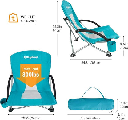 KingCamp Low Beach Chairs, Portable Folding Chair for Adults Extra Wide Ergonomic High Back Seat