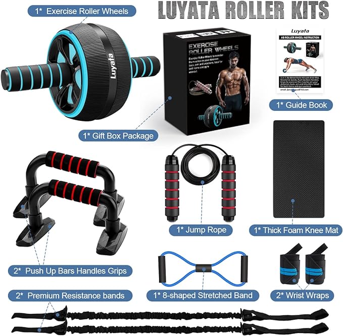 Ab Roller Wheel, 10-In-1 Ab Exercise Wheels Kit with Resistance Bands, Knee Mat, Jump Rope, Push-Up