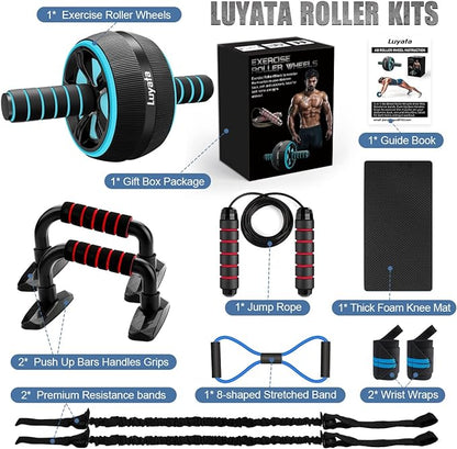 Ab Roller Wheel, 10-In-1 Ab Exercise Wheels Kit with Resistance Bands, Knee Mat, Jump Rope, Push-Up
