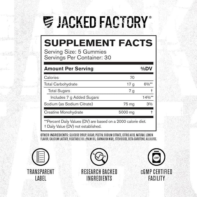 Jacked Factory Creatine Monohydrate Gummies 5g Daily Dose (1g per Gummy) - Creatine Gummy for Men
