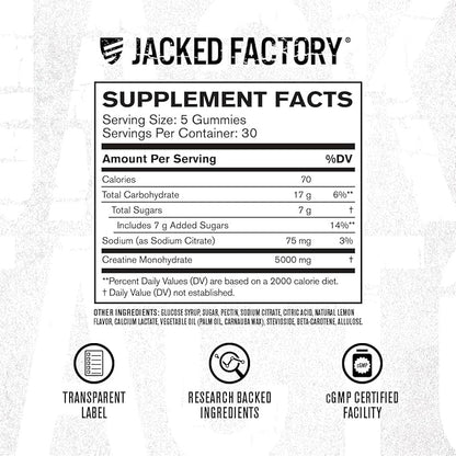 Jacked Factory Creatine Monohydrate Gummies 5g Daily Dose (1g per Gummy) - Creatine Gummy for Men