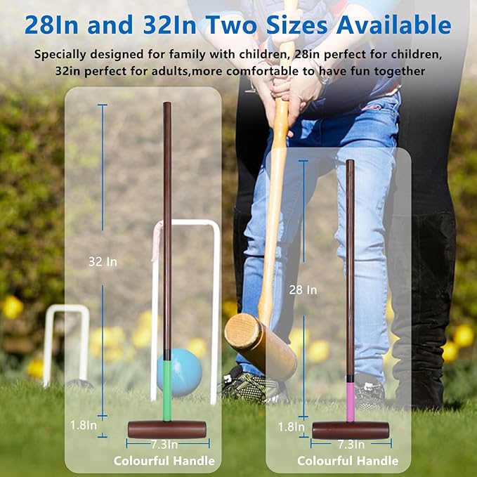 8 Players Croquet Set with 32In Regulation | 28In Standard Size Rubber Wood Mallets, Colored PE