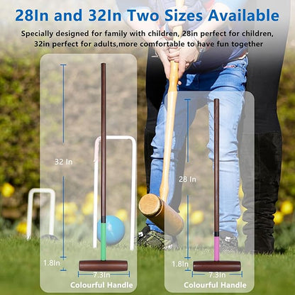 8 Players Croquet Set with 32In Regulation | 28In Standard Size Rubber Wood Mallets, Colored PE