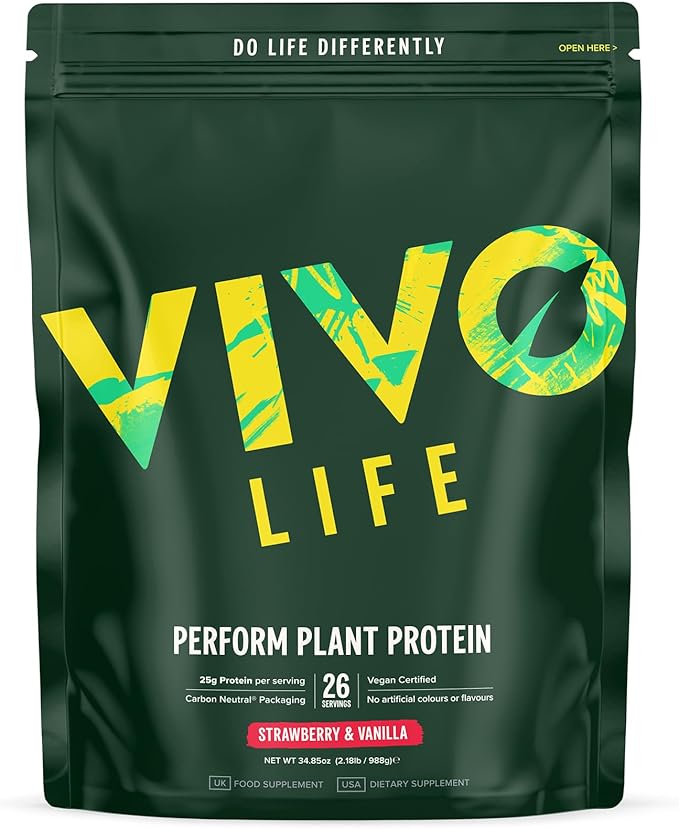 Vivo life Perform Plant Protein Powder - Pea & Hemp Protein Blend with BCAA (34.85 oz, Strawberry &
