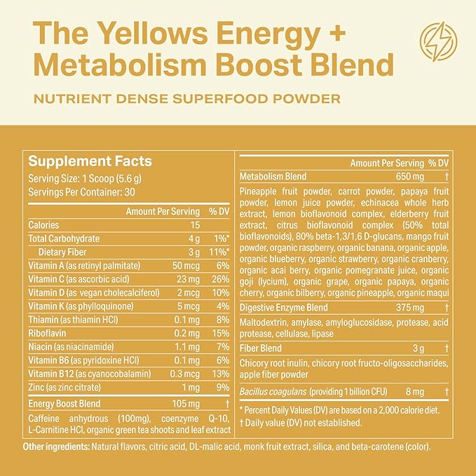 Proper, The Yellows Metabolism and Energy Boost, Sugar Free Energy Drink Powder with 100mg