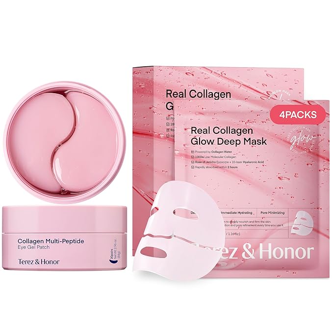 Terez & Honor Collagen Face Mask 4-Pack & Eye Patches 60 Pcs Hydrogel Set - Korean Self Care for