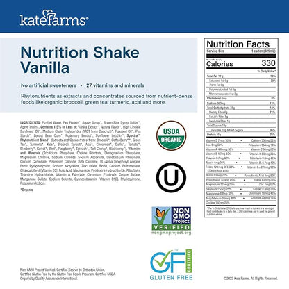 KATE FARMS Organic Nutrition Shake, Vanilla, 16g Protein, 27 Vitamins and Minerals, Protein Meal